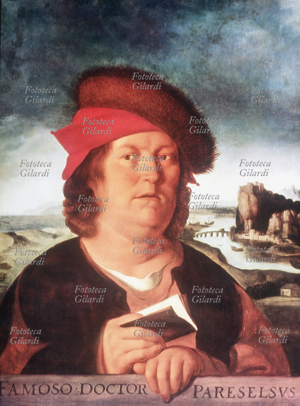 MEDICINA ritratto del dottor Paracelso (14 novembre 1493 - 24 settembre 1541) medico, naturalista, alchimista, astrologo e filosofo svizzero. Dipinto di Quentin Metsys (26 aprile 1466 – 14 settembre 1530), Belgio, XVI secolo.