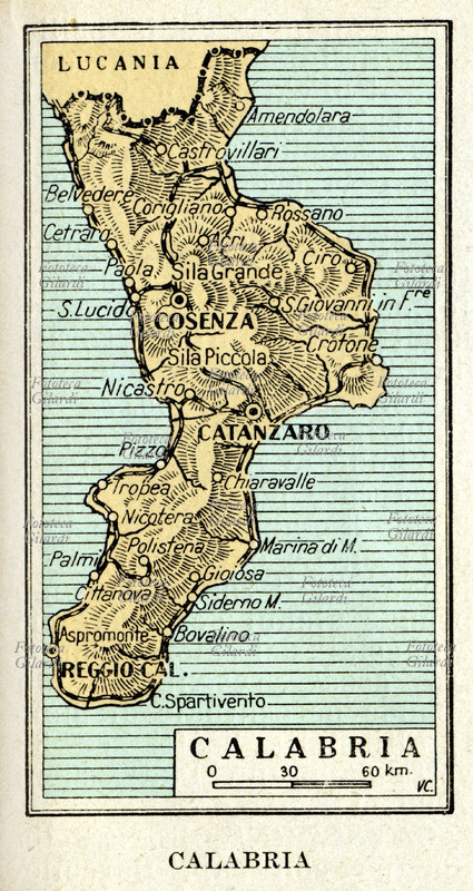 ITALIA cartina della regione Calabria, da atlante del 1949.