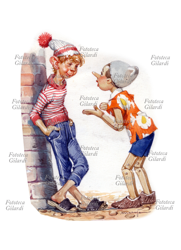 Carlo COLLODI (Carlo Lorenzini, 1826-1890) Pinocchio incontra Lucignolo; illustrazione di Libico Maraja (1912-1983) pittore, disegnatore e illustratore per \