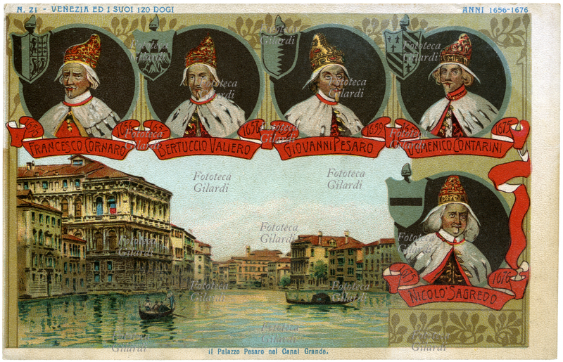 VENEZIA ed i suoi 120 Dogi - Anni 1656-1676. Francesco Cornaro (6 marzo 1585 – 5 giugno 1656), 101° Doge della Repubblica di Venezia dal 17 maggio 1656 alla morte, meno di un mese dopo; il dogado più breve della Serenissima. Bertuccio Valiero (1º luglio 1596 – 29 marzo 1658), 102° Doge dal 15 giugno 1656 alla morte. Giovanni Pesaro (1º settembre 1589 – 30 settembre 1659), 103° Doge dall\