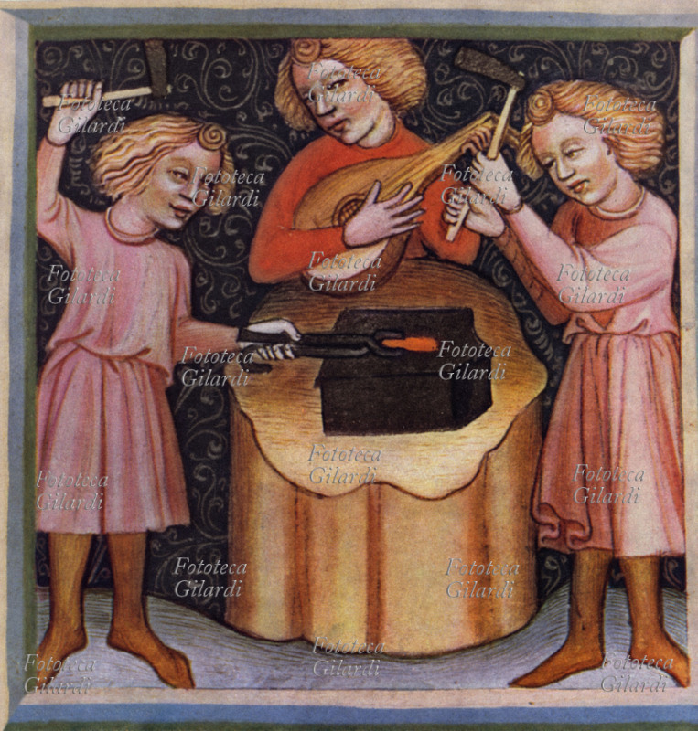 MESTIERI due fabbri al lavoro allietati da un suonatore di liuto. Illustrazione da raccolta cecoslovacca di manoscritti religiosi, miniatura XV secolo