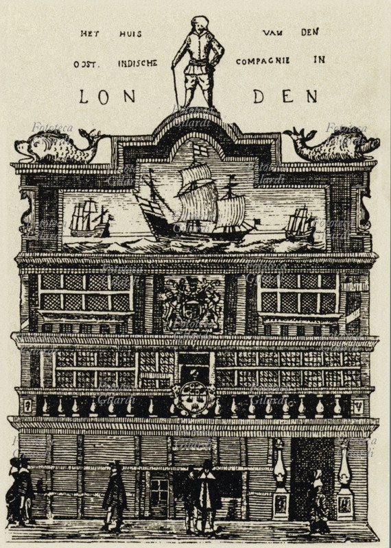 COMMERCIO La sede della Compagnia delle Indie Orientali a Londra, incisione Olandese del XVII secolo.