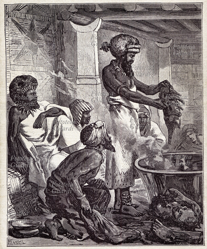 CANNIBALISM Tribe cannibal of the Figi islands. Inside of a hut with pentolone central used after the baking of the meat. Recording of XIX the century.