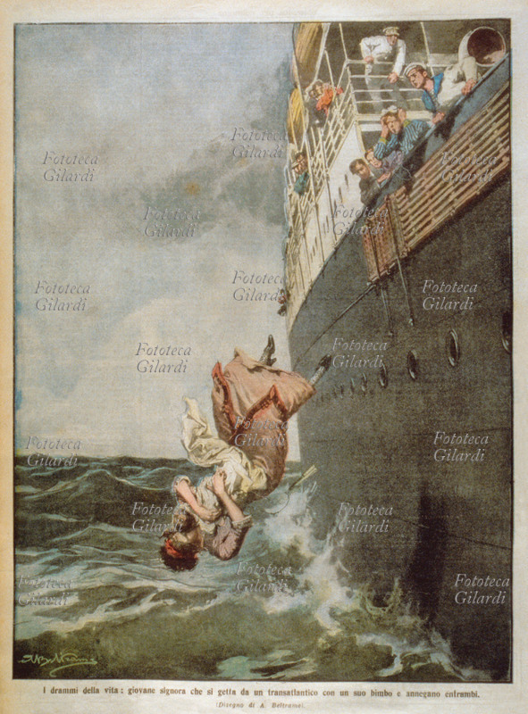 TRAGEDIA IN MARE "I drammi della vita: giovane signora che si getta da un transatlantico con un suo bimbo e annegano entrambi ". Un terrificante episodio di omicidio-suicidio, l\