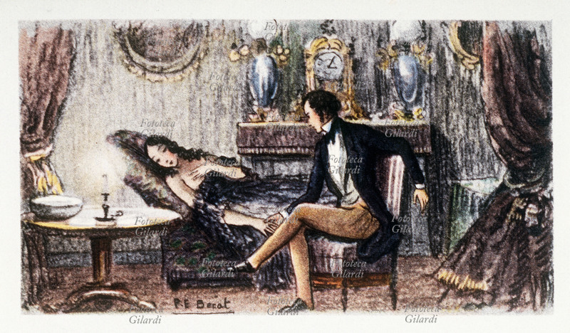 Alexandre DUMAS, figlio (1824-1895) Margherita Gautier agonizzante sul letto consumata dalla tubercolosi. scena dal dramma \