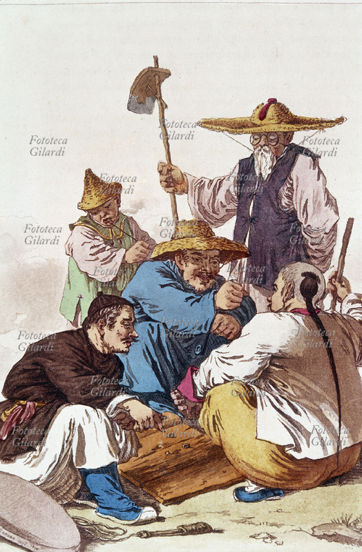 CHINA: People Gambling, Genre Scene. Watercolor print, 1814.