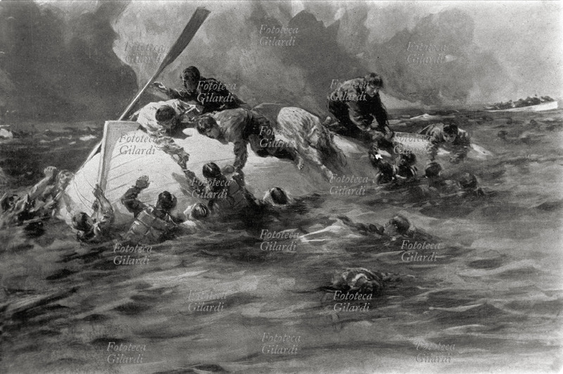 I GUERRA MONDIALE I superstiti del Lusitania cercano di mettersi in salvo su di una scialuppa capovolta. Illustrazione dal numero di \