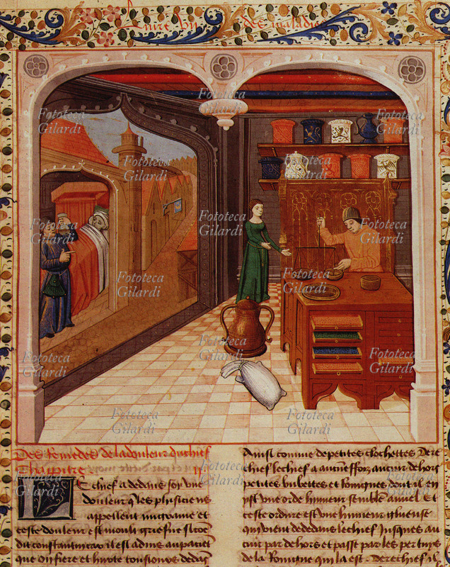 MEDICINA Miniatura con farmacia medioevale. Miniatura raffigurante sulla destra l\