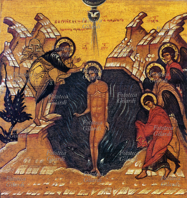 BATTESIMO di Gesù Cristo - stampa facsimile da icona, tempera di Maestro del Nord, seconda metà del XVI secolo