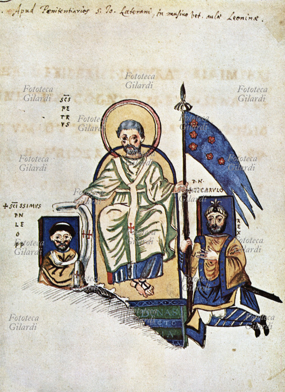PAPACY and Empire “To be able Temporal and To be able Spiritual”. Press of XIX the reproducing century one medieval miniature that represents a mosaic of the Triclinio of old Palazzo Laterano: Saint Peter transmits to Pope Leone III (on the left) the spiritual power investing it of the “Pallium”, while Charlemagne receives the banner of the reign as symbol of the temporal power