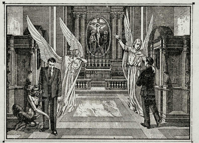 CONFESSIONE raffigurazione del sacramento. Un angelo accompagna chi esce dal confessionale: guai a colui che si lascia vincere dalla vergogna e tace i peccati in confessione... Beato colui che si confessa con le dovute disposizioni. Immagine tratta da \