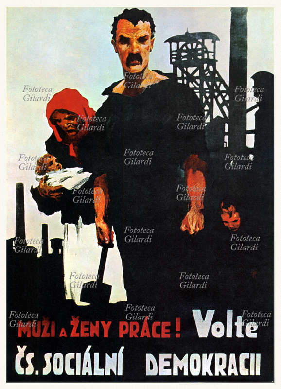 PROLETARIAT Working-class family with a newborn baby on an industrial background, in the foreground the man with an indignant look; poster of the Socialist Party denouncing the miserable conditions of the workers. Czechoslovakia, circa 1935.