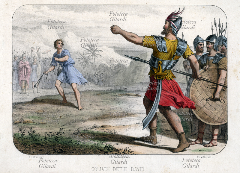 BIBBIA "Golia sfida Davide": il gigante filisteo, contro ogni previsione, cadrà sotto i colpi della fionda del giovane e minuto Davide, futuro Re d\