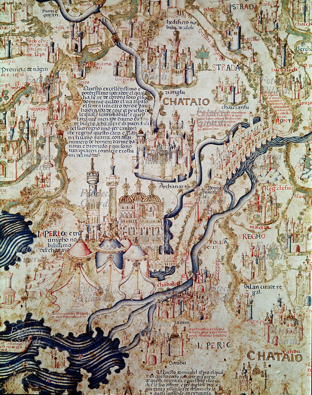 CINA Carta basata sulla descrizione del Paese fatta da Marco Polo. Al centro vi è il palazzo del condottiero mongolo Kubilai Khan (1215 – 1294) a Khanbaliq (Chambalech). Da queste zone partivano le carovane che portavano la seta in Europa. Italia 1495.