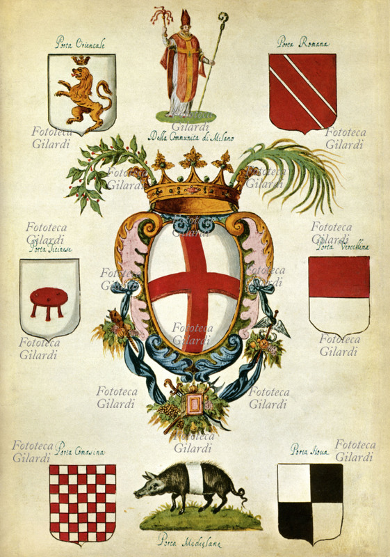 STEMMA di Milano e quelli delle porte di Milano: Porta Orientale, Porta Ticinese, Porta Comasina, Scrofa Mediolana, Porta Nuova, Porta Vercellina, Porta Romana. Stampa acquarellata, XIX secolo
