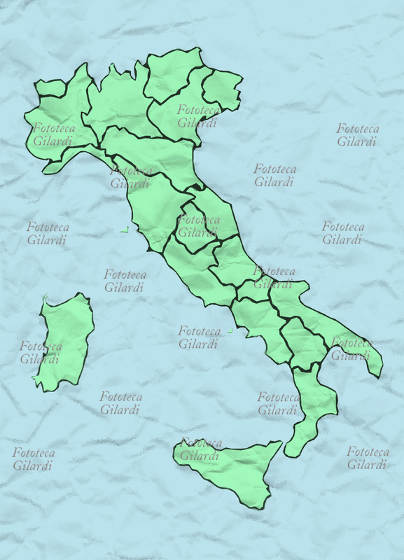 ITALIA mappa stilizzata con indicate le 20 regioni (verde su azzurro, sfondo stropicciato) illustrazione 2008