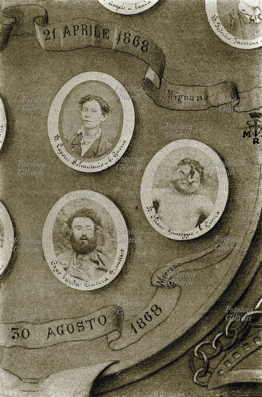 BRIGANTI Ritratti dei briganti: Capocci Salvantonio (banda Guerra), Capobanda Guerra Francesco, Oliano Giuseppe (banda Guerra) . Dettaglio da Fotomontaggio per un \