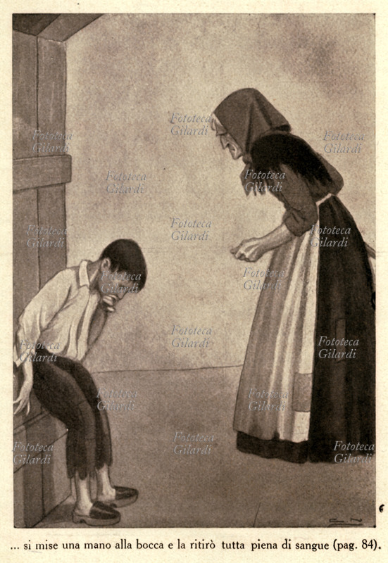 MESTIERI illustrazione di Carlo Nicco (1883-1937) per il romanzo "Il racconto del piccolo vetraio" di Olimpia De Gaspari: "Si mise una mano alla bocca e la ritirò piena di sangue..."; il piccolo è a capo chino di fronte alla brutale guardiana. Si tratta di una straziante storia di miseria: nella speranza di offrire ai figli un futuro migliore, un pescatore in disgrazia affida i suoi due bambini ad un trafficante francese senza scrupoli, che gli promette di impiegarli nella sua vetreria. I due ragazzini vengono però sfruttati senza pietà, tanto che presto uno si ammala e muore. L\