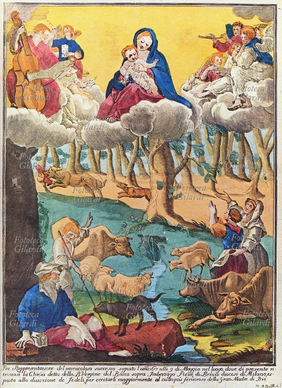 MADONNA La Beata Vergine del Bosco sopra Imbersago (Lecco). La Madonna appare sulle nuvole sopra una foresta, salvando un bimbo assalito da un lupo. Gli adoranti sono pastori e contadini, questa stampa evoca un fatto accaduto nel 1617. Stampa colorata di Marc\