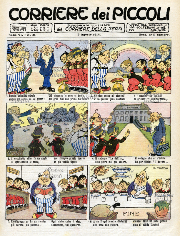 GIORNALI storia per vignette a puntate: " Il Collegio La Delizia"; soggetto di Renato Simoni (1875-1952), disegni di Antonio Rubino (1880-1964). Il racconto in rima esordisce il 9 novembre 1913 con i versi "Nel paese di Cuccagna c\
