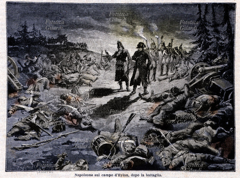 Napoleone BONAPARTE (15 agosto 1769 – 5 maggio 1821) in Russia riscontra le perdite sul campo di Eylau, dopo la sanguinosa battaglia che ebbe luogo l\