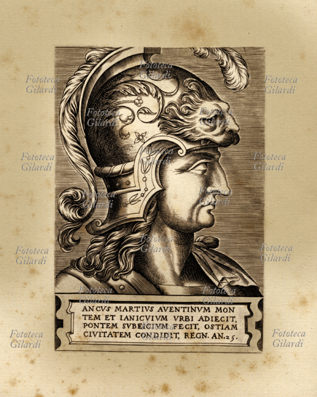 ANCO MARZIO o Marcio (Ancus Marcius) 675 a.C. (?) - 616 a.C.) quarto Re di Roma, probabilmente leggendario. Incisione XVI secolo