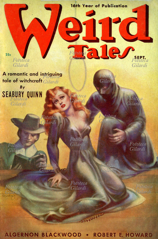 WEIRD TALES Una rossa strepitosa è prigioniera di un misterioso uomo mascherato, mentre un uomo legge sullo sfondo. Copertina della rivista pulp statunitense di racconti horror e fantastici pubblicata per la prima volta nel marzo del 1923. In questo esemplare sono pubblicati racconti di Seabury Quinn, Algernon Blackwood e Robert E. Howard. Stati Uniti d\