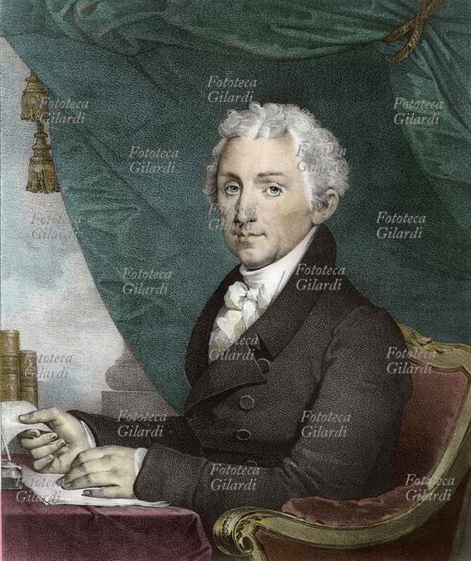 James MONROE (28 aprile 1758 – 4 luglio 1831), politico e militare, 5° presidente degli U.S.A per due mandati: dal 1817 al 1821 e dal 1821 al 1825. Ritratto allo scrittoio in una litografia colorata XIX secolo.