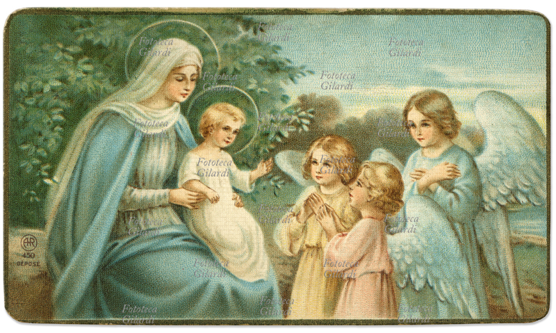 MADONNA con Gesù Bambino e tre angioletti. Immaginetta cromolitografica, 1900 ca.