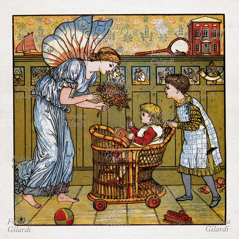 FAVOLE Una fata del mondo immaginario dei bimbi si presenta a due piccoli con un mazzolino di fiori, come si racconta nel libro che stanno leggendo Illustrazione di Walter Crane per la favola \