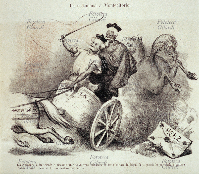 Francesco CRISPI (1818 - 1901) guida la biga della Presidenza, trainata dal cavallo della maggioranza ma un \