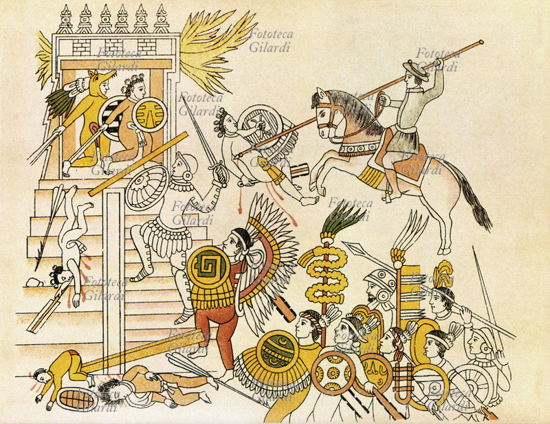 AZTECHI Soldati spagnoli attaccano il Grande Tempio a Tenochtitlàn. Illustrazione, inerente alla distruzione dell\