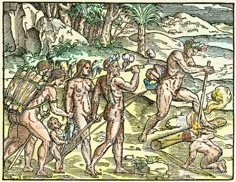 ESPLORAZIONI I costumi degli abitanti delle nuove terre scoperte dagli spagnoli: indigeni del Nuovo Mondo fumano foglie arrotolate di tabacco; indossano solo qualche ornamento, portano sulla schiena delle gerle con i vegetali raccolti e in mano alcuni pesci; un uomo regge un grosso arco, un altro, sulla destra, accende il fuoco con il calore sprigionato dalla frizione di un bastoncino ruotato velocemente nell\