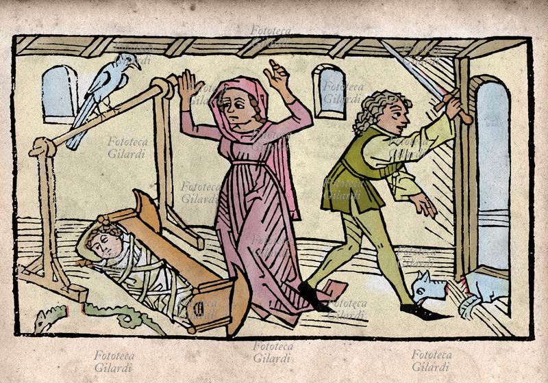 SAN GUINEFORT Raffigurazione della leggenda medievale di Guinefort, il Santo cane. Guinefort, piccolo levriero, era di guardia nell\