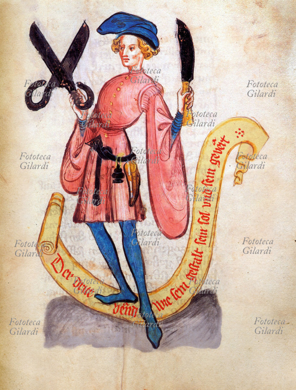 MEDICINE Barber-surgeon represented with the tools of the trade: the scissors and a knife. German miniature from manuscript of the 5th century.