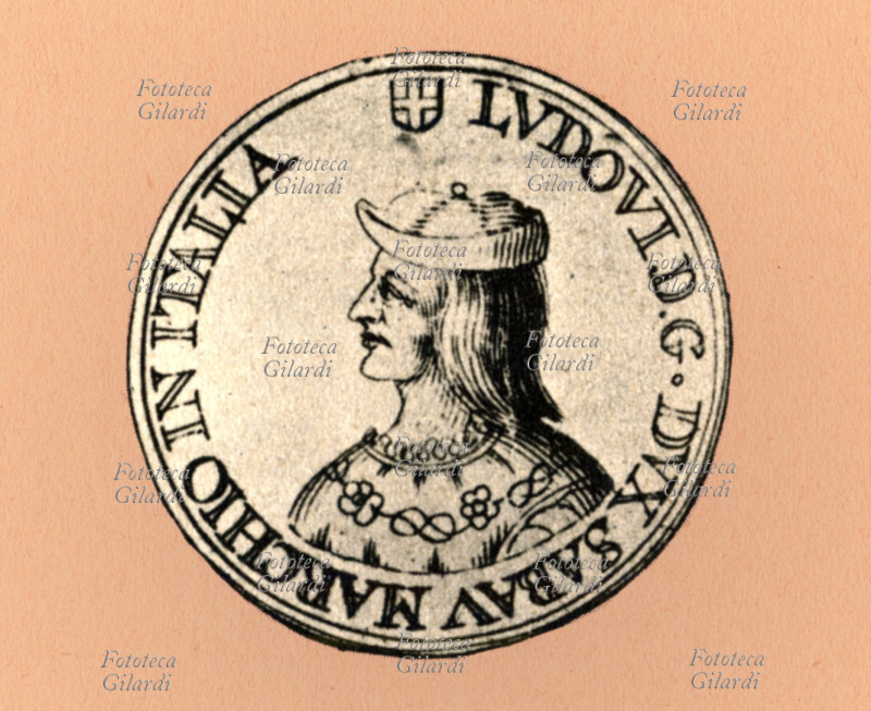 LUDOVICO DI SAVOIA (1402-1465) ritratto di profilo, medaglia coniata in ornore della Sindone acquistata nel 1453 da Margherita di Charny. Stampa del XVIII secolo.