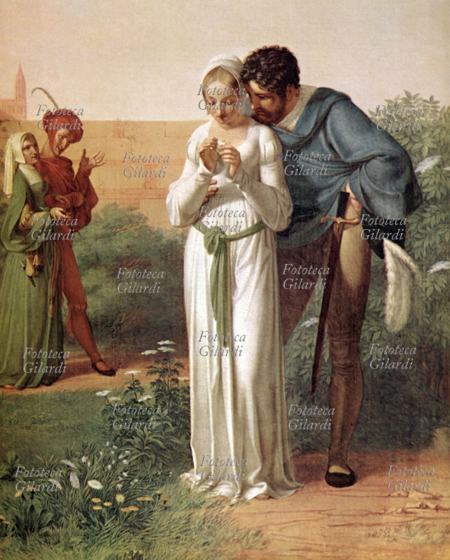 Johann Wolfgang GOETHE (1749-1832) Faust. In primo piano Faust giovane e Margherita, sullo sfondo Mefistofele e Marta, Illustrazione di G.H. Naeke 1815