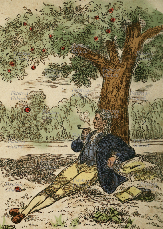 Isaac NEWTON (25 dicembre 1642 - 20 marzo 1726) elabora la teoria sulla gravità. Raffigurazione della \