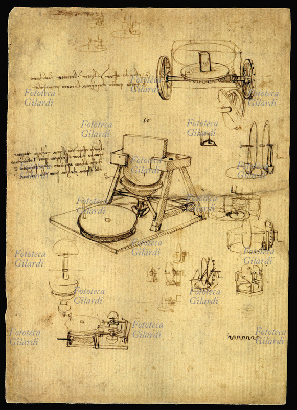 LEONARDO DA VINCI (1452-1519) ruota dentata, il cui meccanismo serve a far volgere le ruote del carro. Cod. Atlantico 17v.