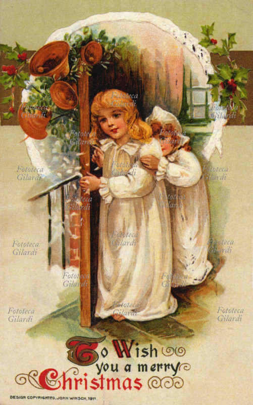 CHRISTMAS Two girls await the arrival of Santa Claus behind the door. Christmas postcard, USA 1911.