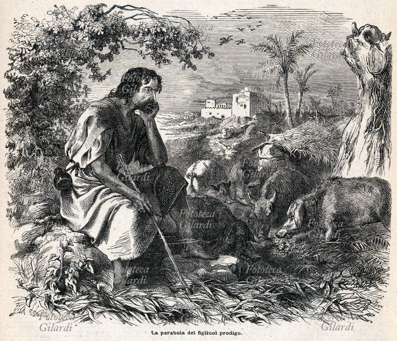 BIBBIA La parabola del figliol prodigo, dal Vangelo secondo Luca; illustrazione da una edizione della Bibbia popolare stampata in Italia 1900 circa