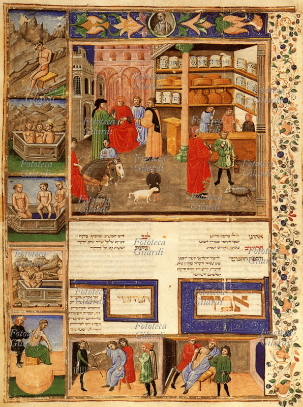 AVICENNA (980-1037) Canone di medicina di Avicenna, dimostra il ruolo intrapreso dagli ebrei come traduttori per trasmettere le cognizioni di medicina tra oriente e occidente. Le miniature intorno illustrano varie cure di medici su pazienti. Pagina da manoscritto del XV secolo