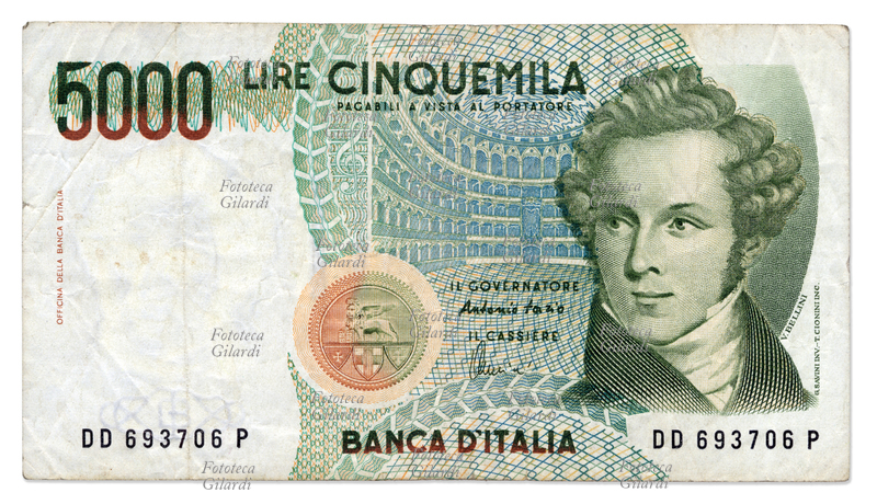 MONETE Banconota da L 5000, cinquemila lire, con il ritratto del compositore Vincenzo Bellini. In vigore in Italia 1985