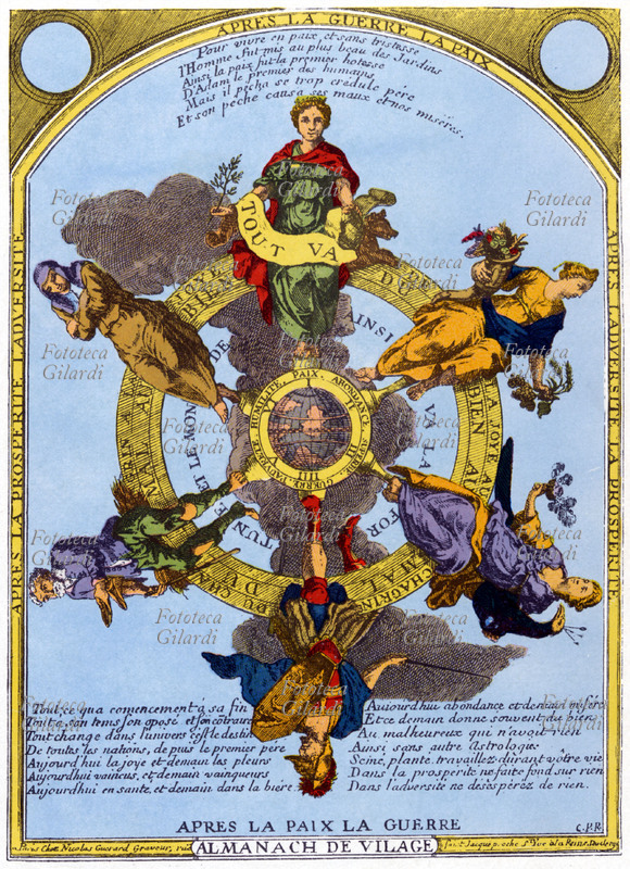 CALENDARIO francese dei contadini, allegoria sulla Guerra e la Pace e la Ruota del Tempo. Nicola Gérard, incisione a colori della fine del XVII secolo.