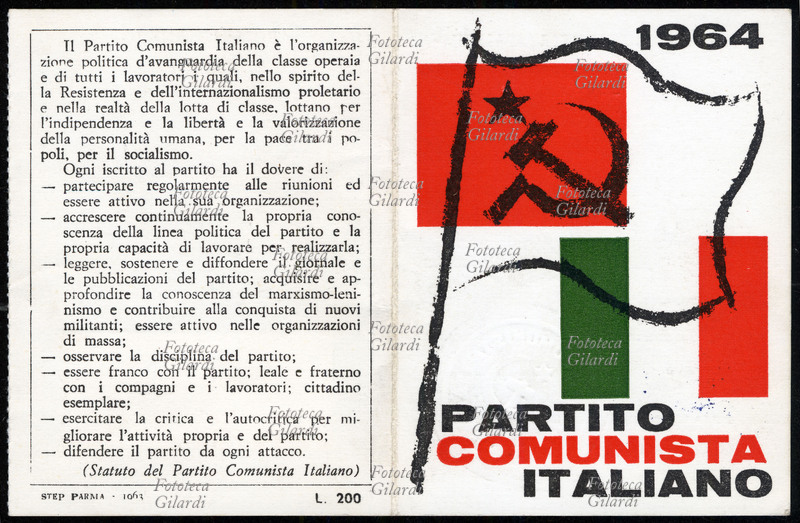 PARTITO COMUNISTA ITALIANO Tessera del P.C.I. con in copertina, oltre al nome del Partito e all\