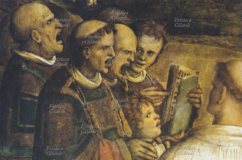 MUSICA SACRA Coro di preti e chierichetti eseguono un canto Gregoriano. Particolare dell\