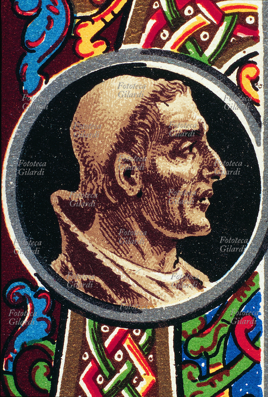 PAPA ANASTASIO II (?-498), nato a Roma, eletto nel 496. Durante il suo pontificato convertì Clodoveo, re dei Franchi. Ritratto, dettaglio da una cartolina cromolitografica della \