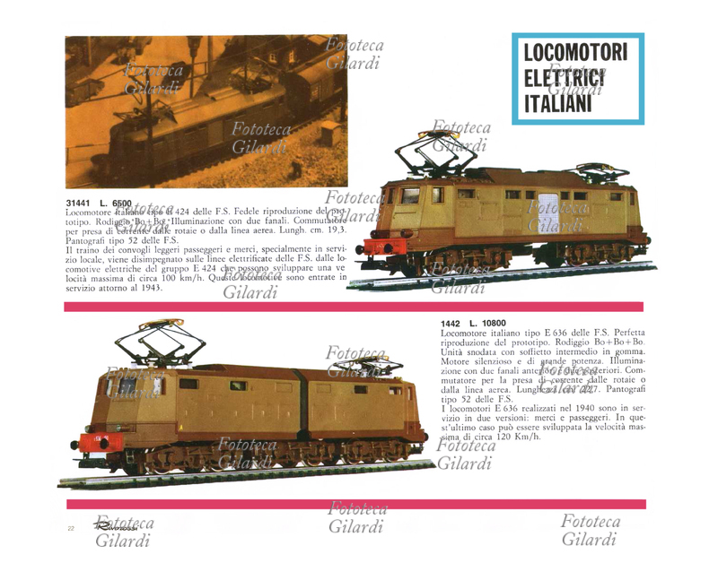 MODELLISMO Locomotori elettrici italiani, fedeli riproduzioni in scala del tipo E 424 e del tipo E 636 delle Ferrovie dello Stato. Pagina dal catalogo dei trenini elettrici Rivarossi spa, miniature elettroferroviarie prodotte dalla celebre azienda fondata a Como nel 1945 da Alessandro Rossi e Antonio Riva. Italia, 1968