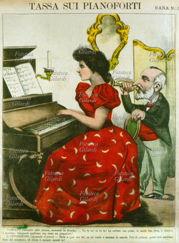 TASSE Paolo Carcano (18431918), Ministro delle Finanze, suonando la tromba spiega all\