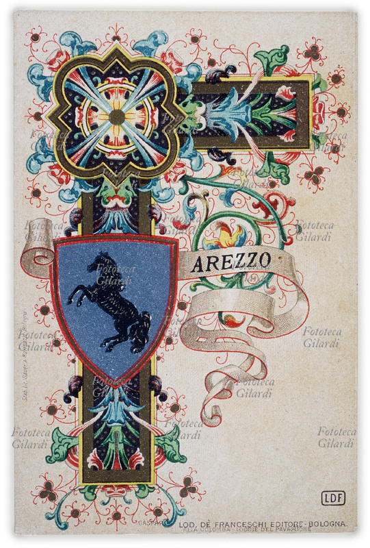 AREZZO stemma della città. Cavallo nero rampante. Cromolitografia, Stabilimento litografico Sauer & Barigazzi, Bologna. Gaspare Lod. Dè Franceschi Editore, Bologna 1900